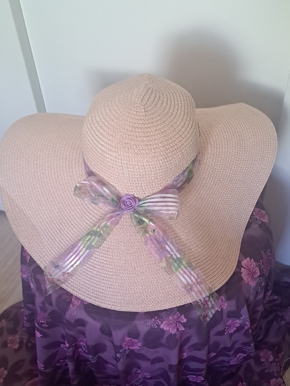 Diva Beige Wide Brim Sun Hat with Purple Floral Bow